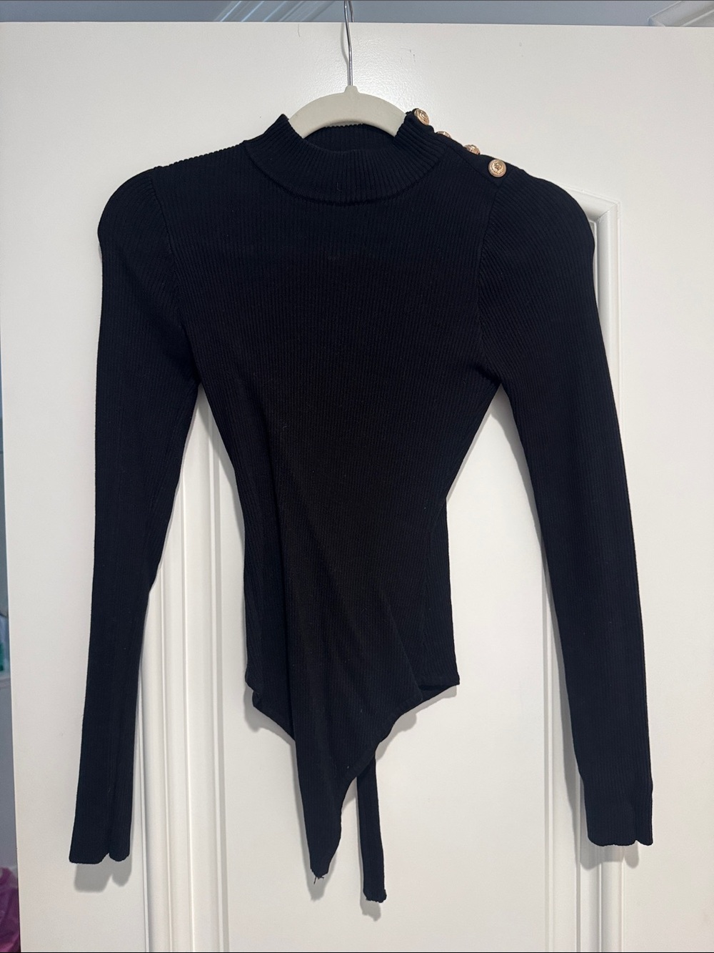 Women's Black Ribbed Long-Sleeve Mock Neck Bodysuit with Shoulder Buttons